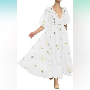 Half Puffy Sleeve Tea Length Prom Dresses for Women Fair Flower